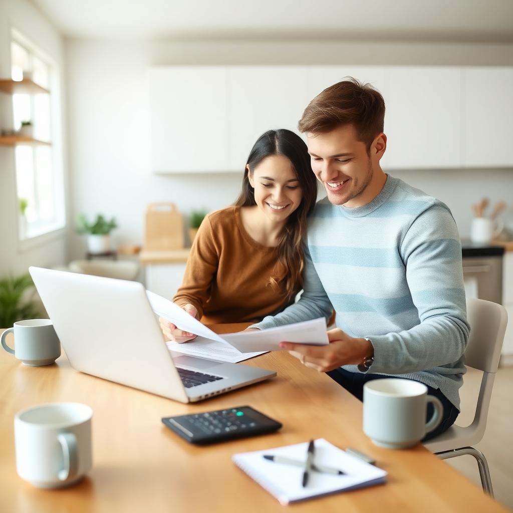 Young couple reviewing FHA mortgage documents at a kitchen table