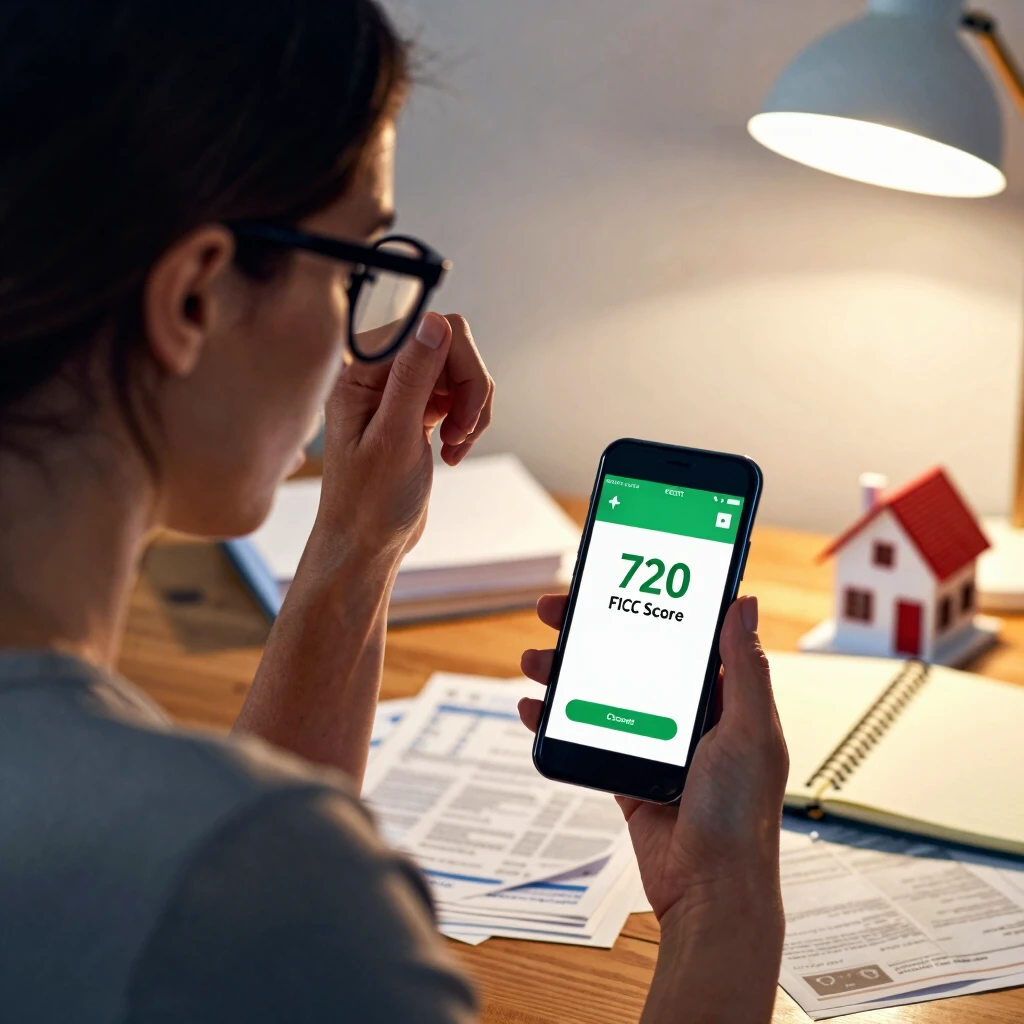 Woman checking her credit score on phone for mortgage prep
