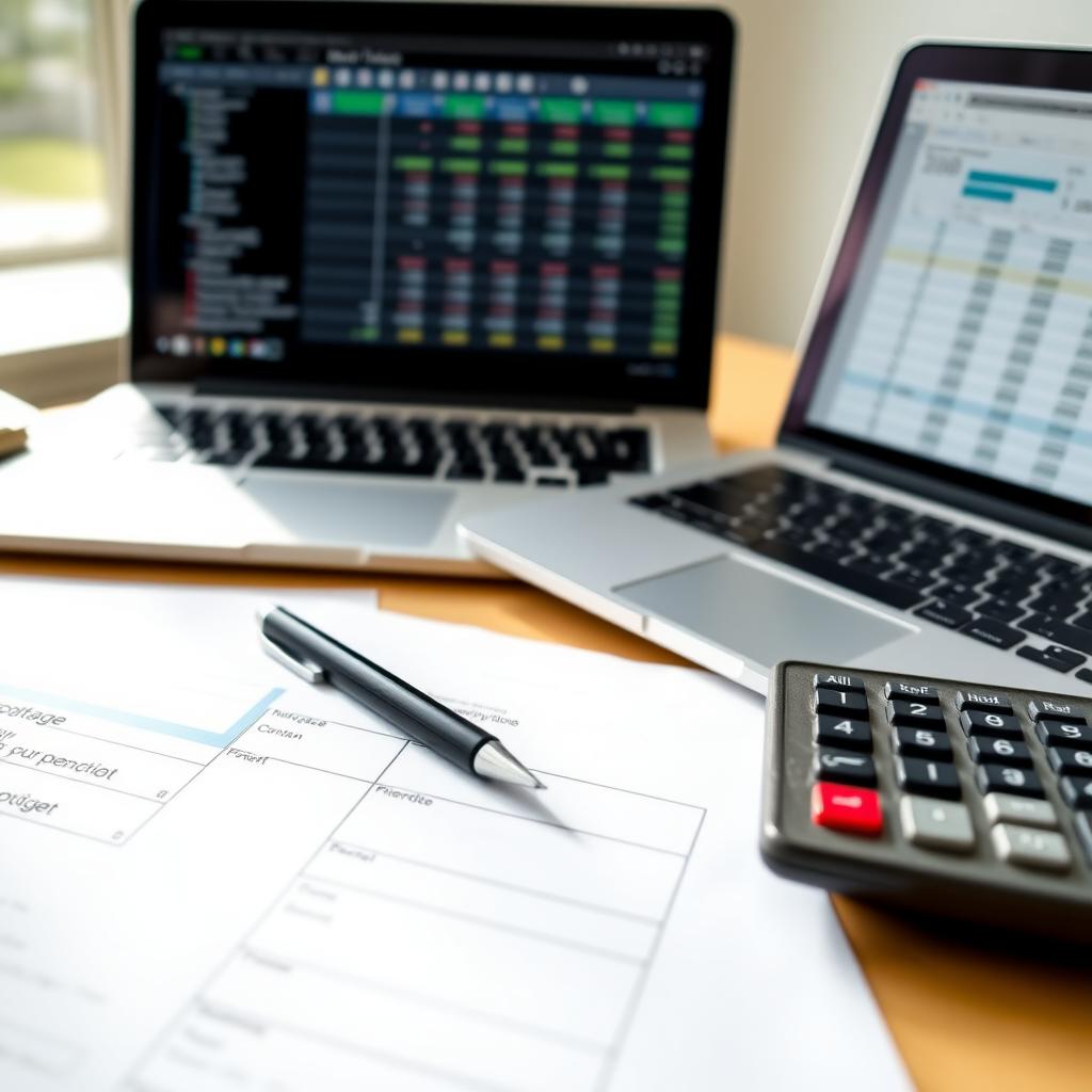 A tidy desk with a mortgage application form, pen, calculator, and laptop in a bright home office.
