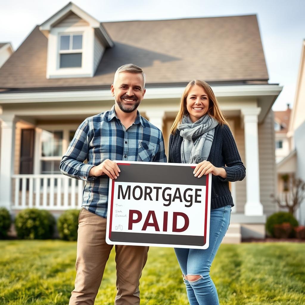 Couple celebrating outside their home with a 'Mortgage Paid' sign