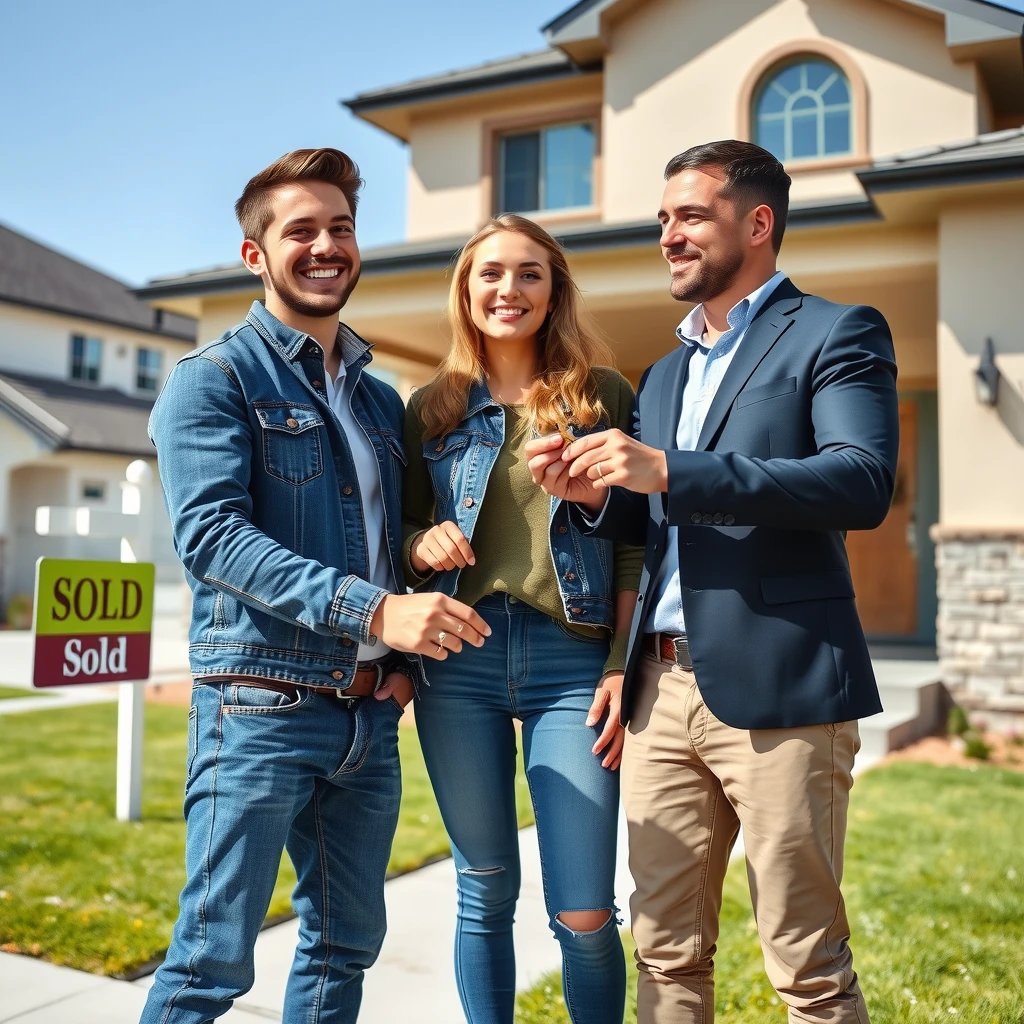 Happy young couple receiving keys to their new home from real estate agent