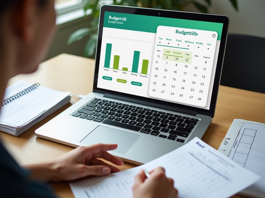 Person managing bills and credit on laptop