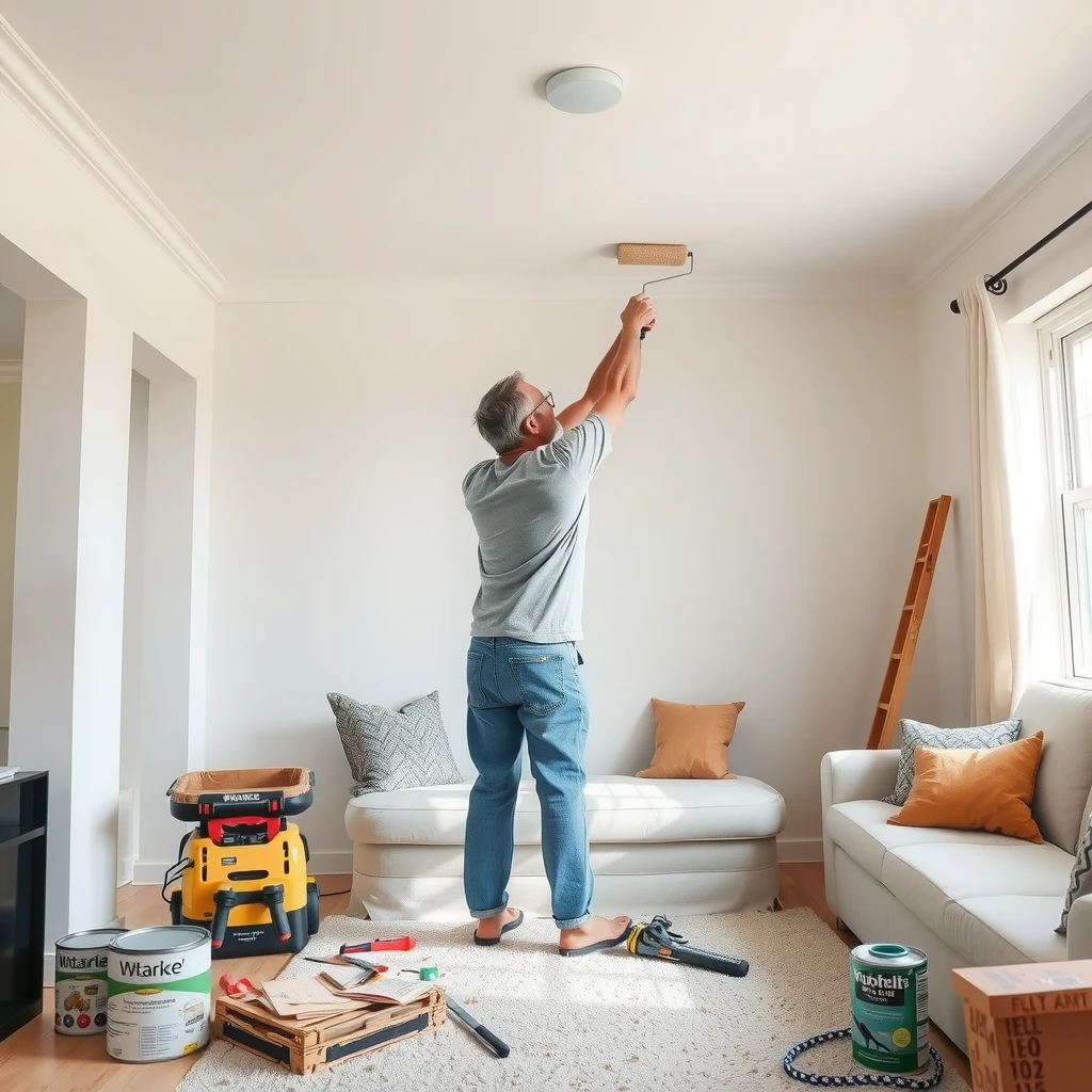 Homeowner performing minor repairs and painting in living room
