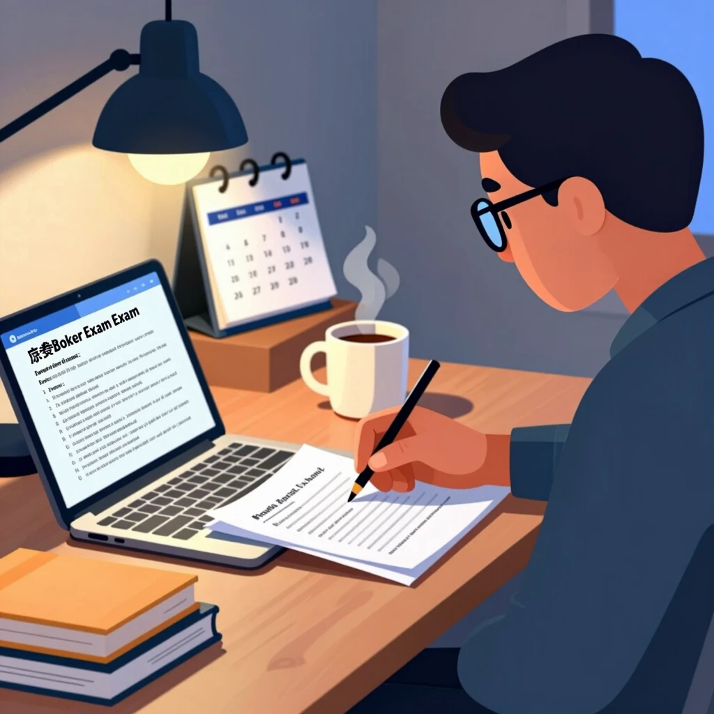 A dedicated individual preparing for the mortgage broker licensing exam in a home study environment.