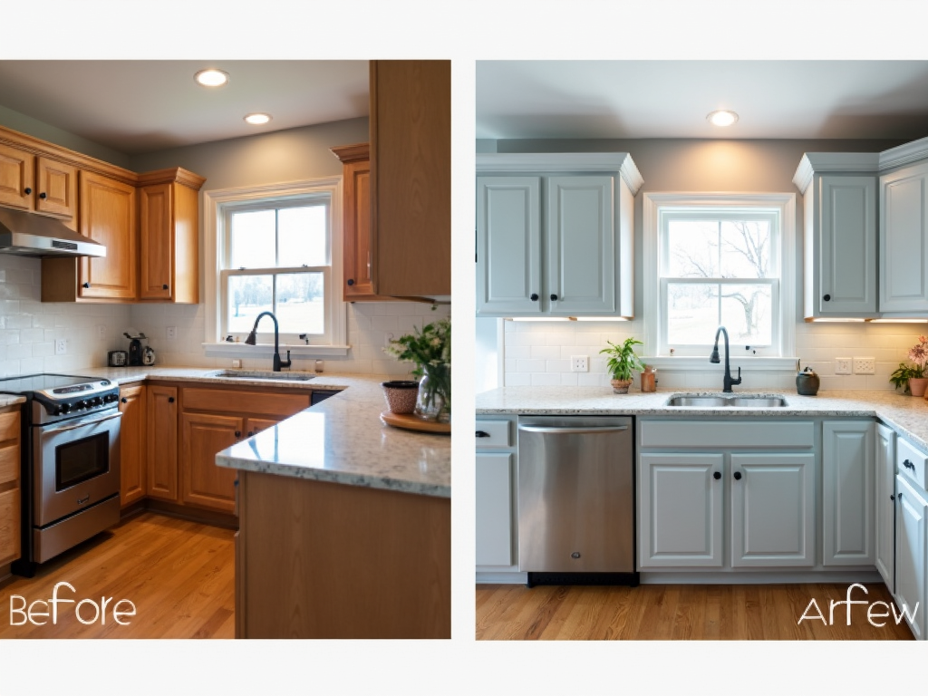 Before and after photos of a kitchen renovation.