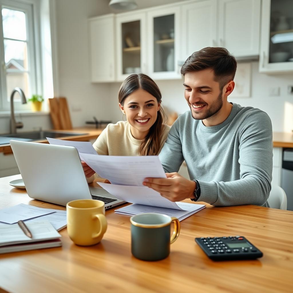 Young couple at a kitchen table reviewing financial documents and using a laptop to calculate their debt-to-income ratio for an FHA mortgage.