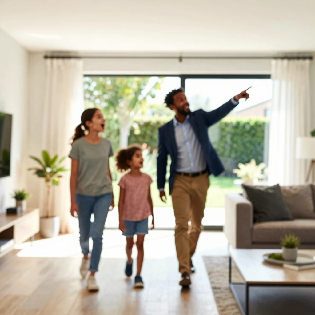 Real estate agent showing a home to a first-time buyer family