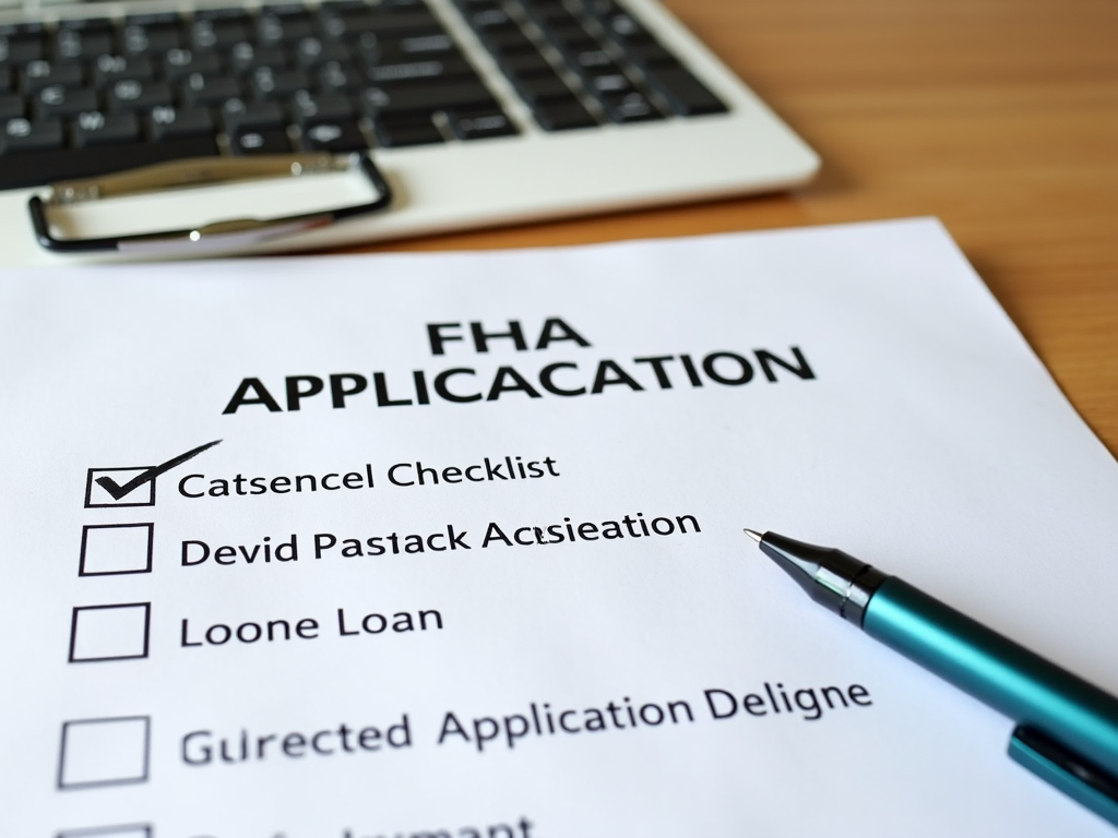 Desk with FHA loan application checklist and documents.
