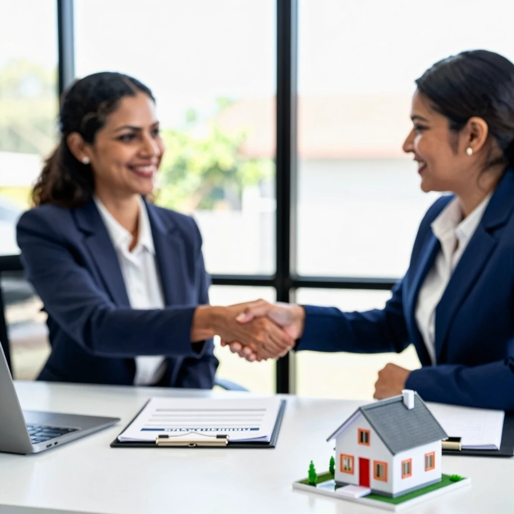 Woman finalizing FHA loan with lender in bank office
