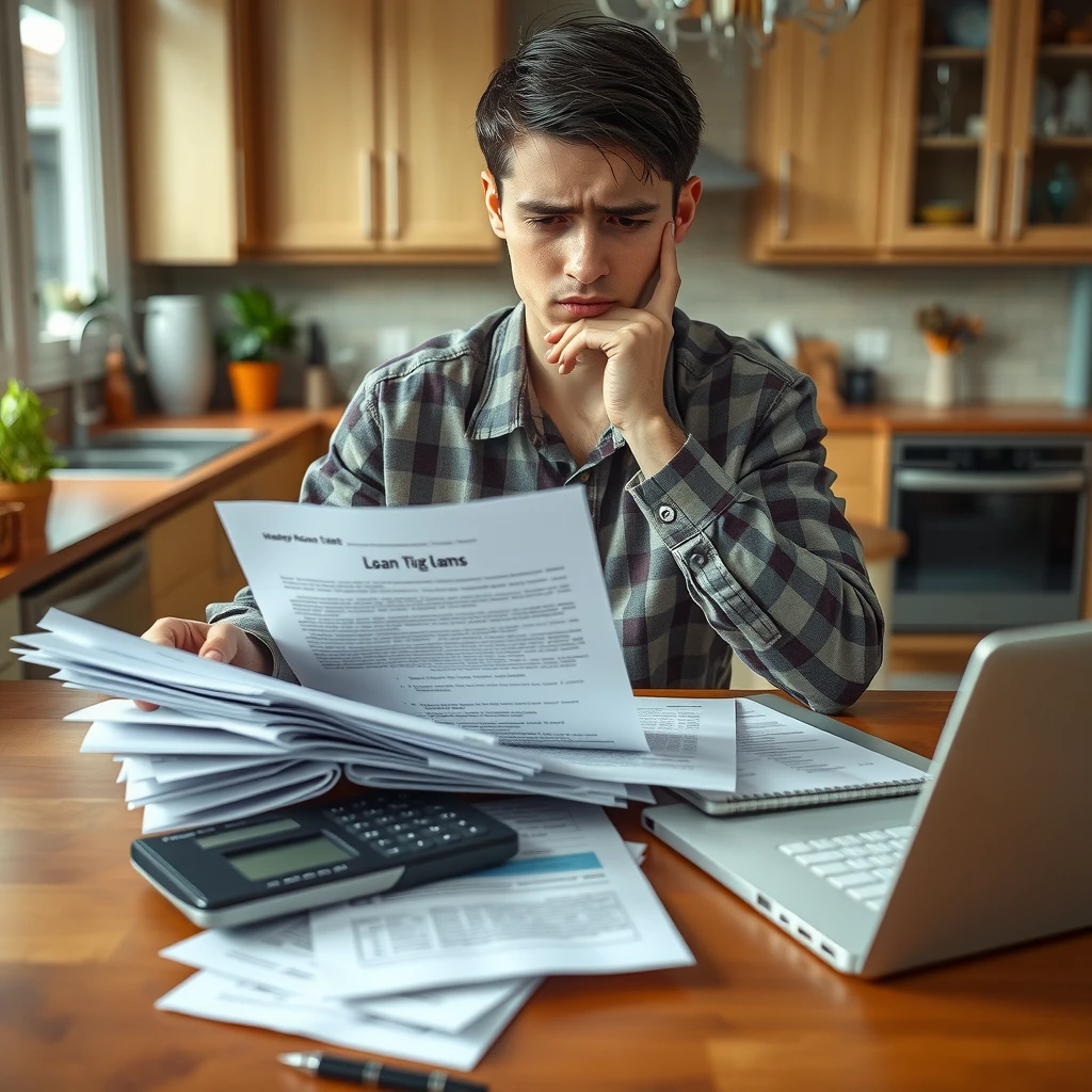 Stressed first-time buyer reviewing overwhelming mortgage paperwork at home