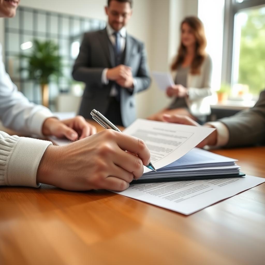 Homebuyer signing closing documents at a title company office