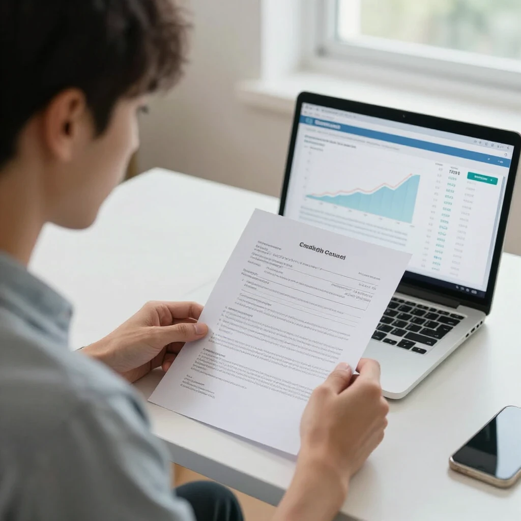 Person reviewing credit report and credit score on laptop