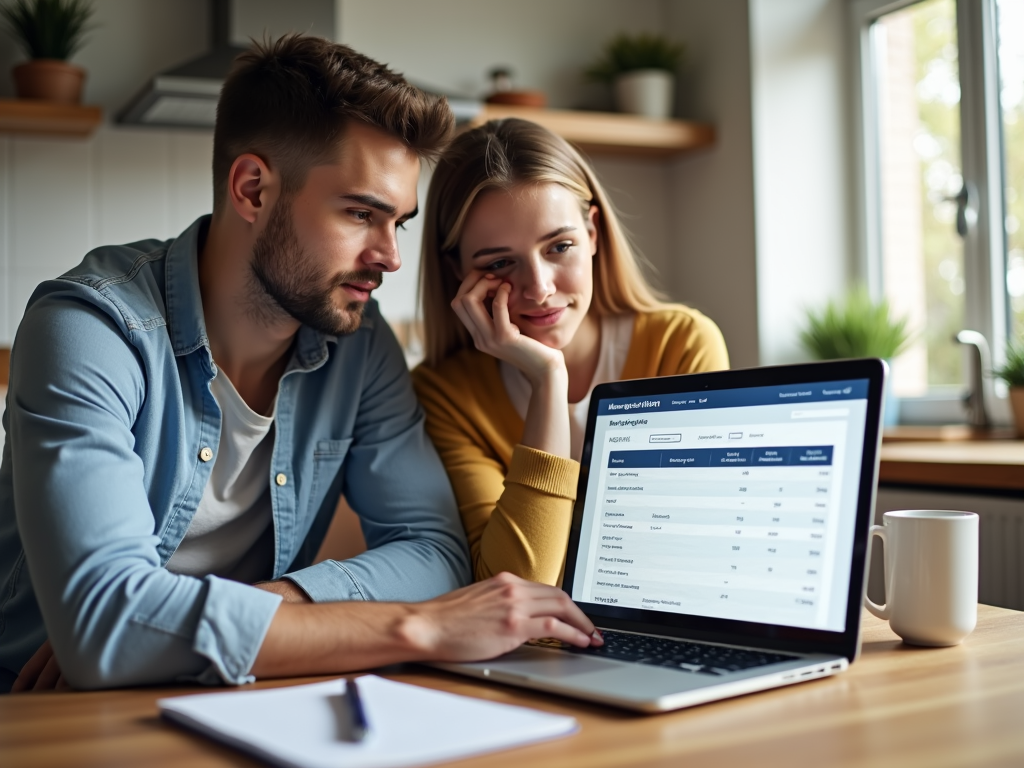 A young couple reviewing mortgage options on a laptop.