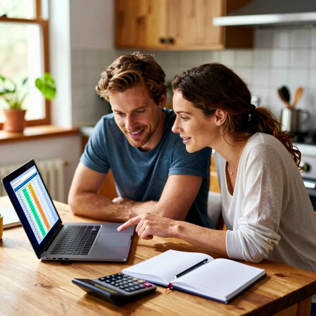 Couple diligently planning their homebuying budget at home
