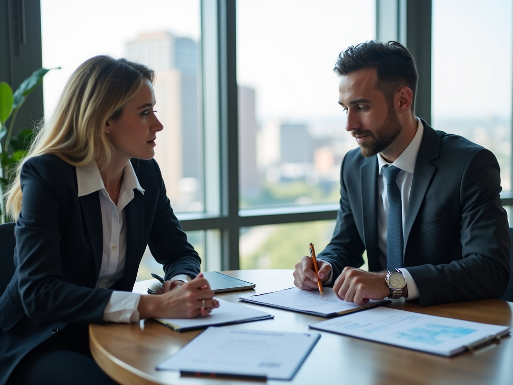 A mortgage broker working with a client in an office.