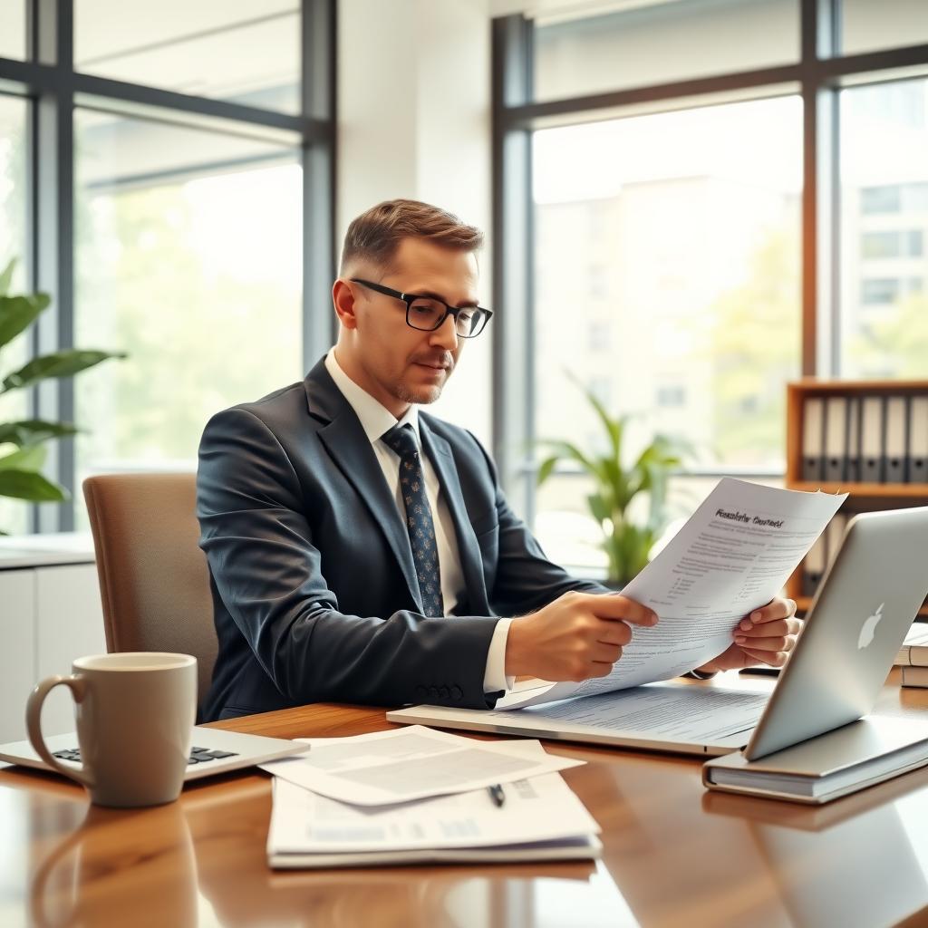 Real estate attorney reviewing property ownership documents in a modern office.