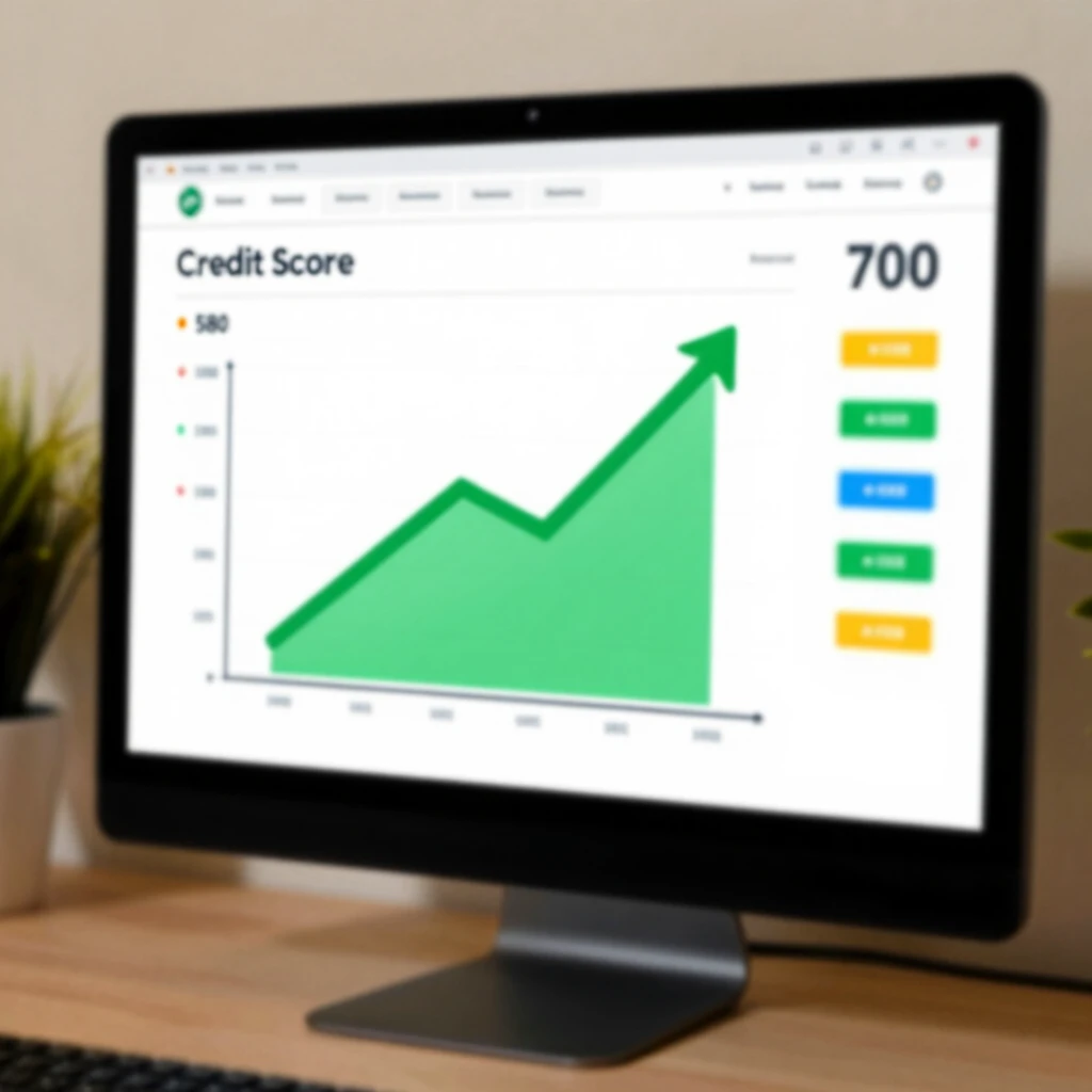 Credit score report on screen showing significant improvement with upward graph