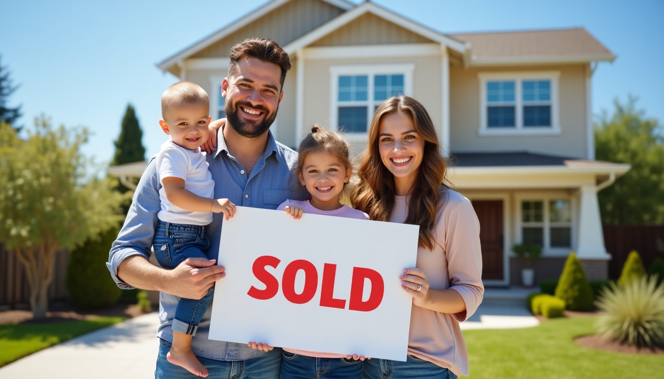 A smiling family holding a "Sold" sign in front of their new home, celebrating their mortgage approval.