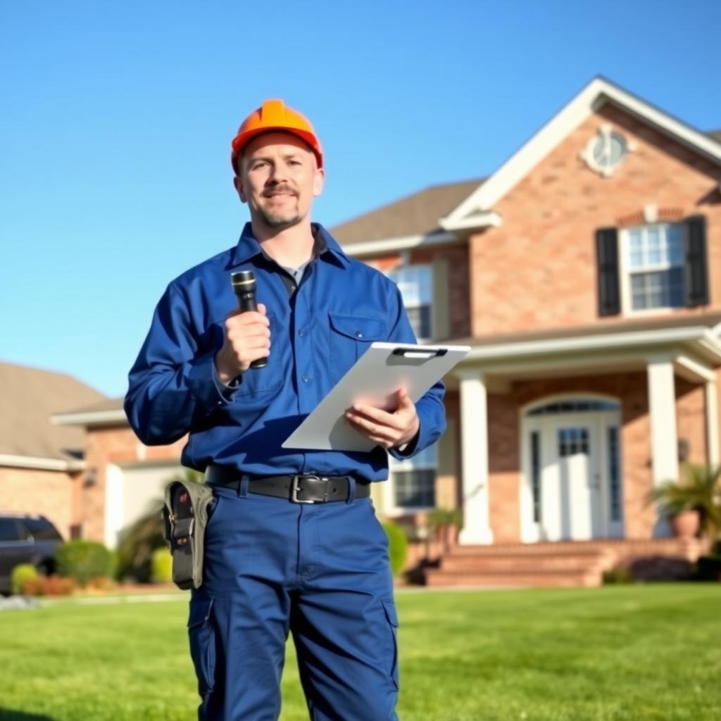 Professional home inspector standing in front of a suburban brick house with a clipboard and flashlight.