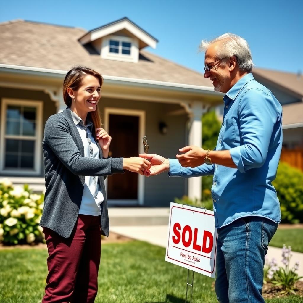 Real estate agent giving keys to couple in front of FHA-approved home