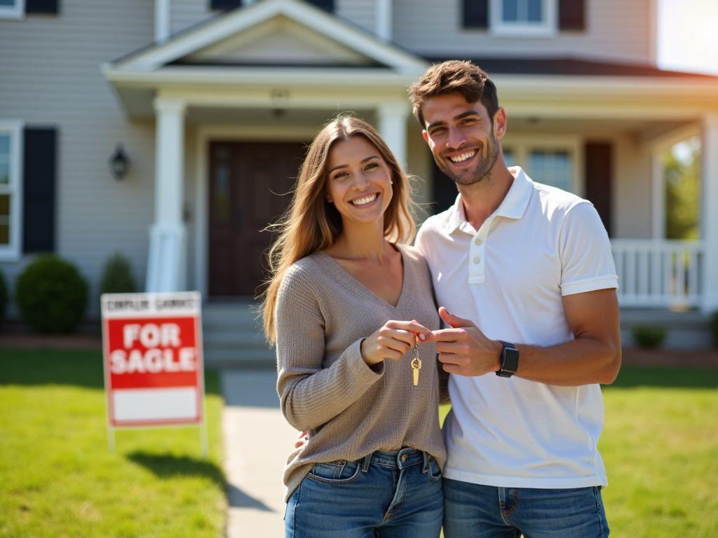 Couple holding keys to their new home after closing