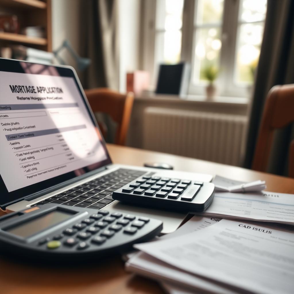 A desk with a laptop, calculator, and financial documents for a mortgage application