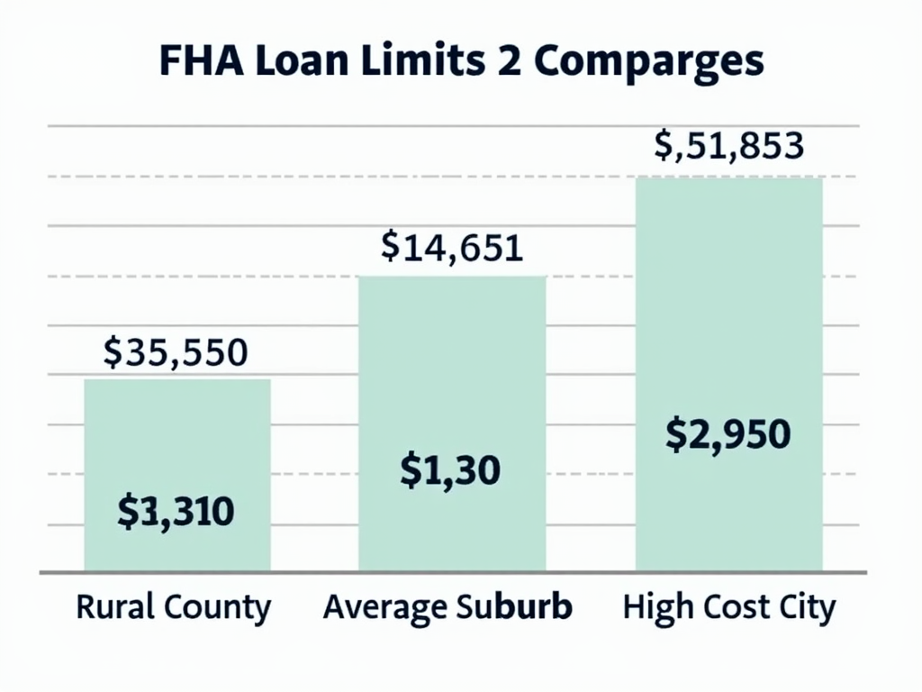 Bar chart illustrating FHA loan limits across a rural county, suburban area, and high-cost city with specific amounts.