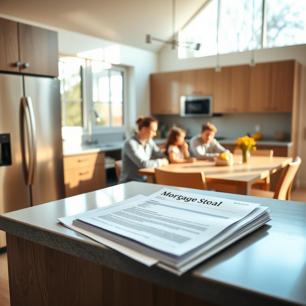 Family in a modern kitchen with mortgage documents on the counter.