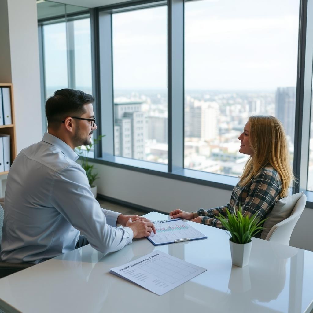 Mortgage advisor explaining FHA loan terms to a client in a modern office.