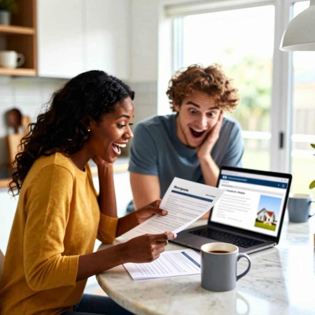 Couple excitedly planning their FHA mortgage application at home