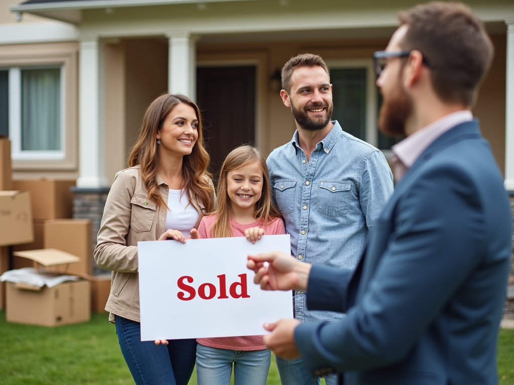 Mortgage broker handing keys to a family