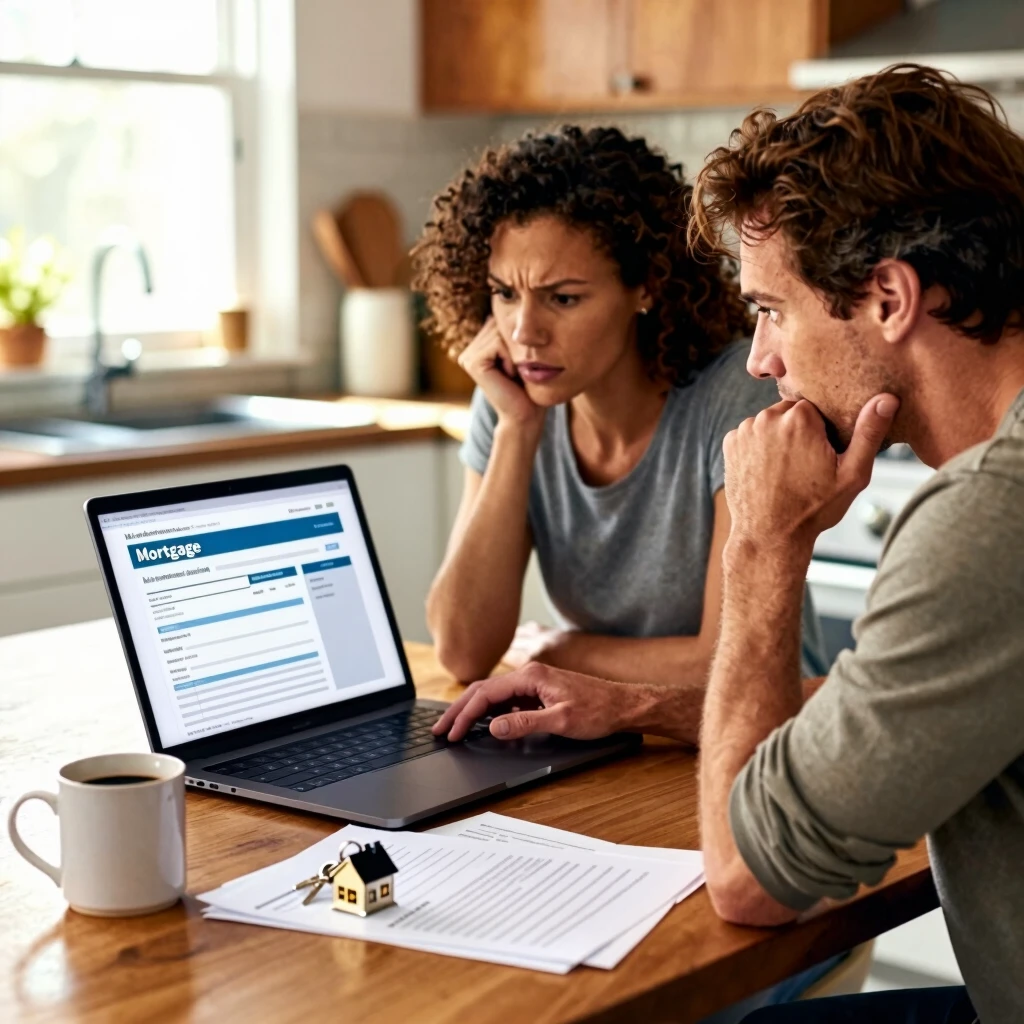 Young couple reviewing mortgage application status on laptop at home