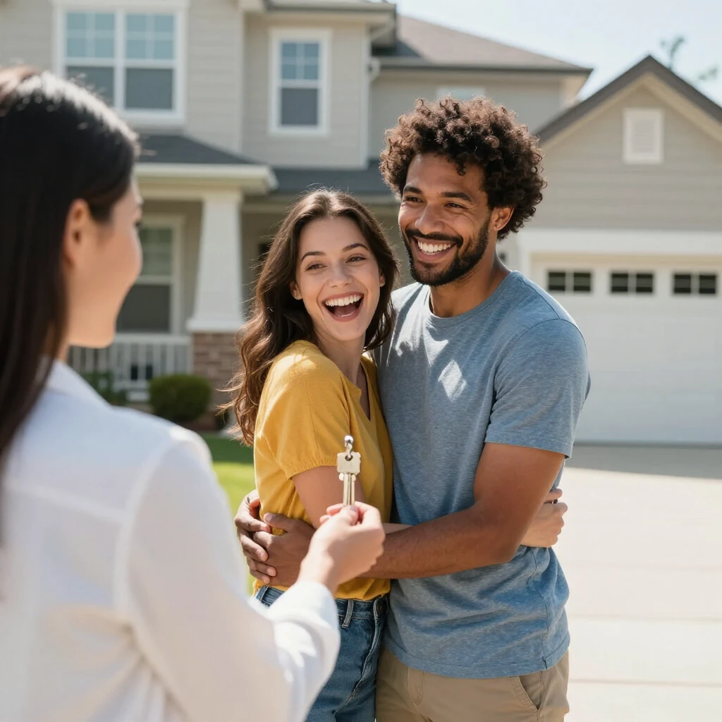 Happy young couple receiving keys to their new home