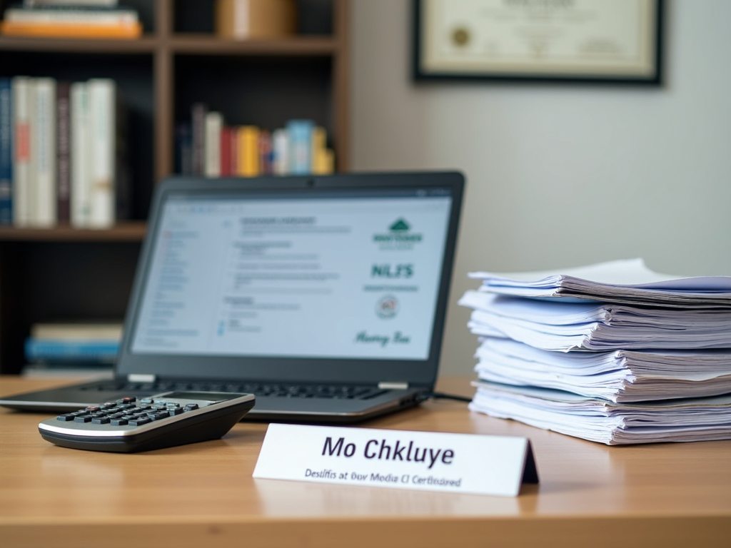 Mortgage broker's desk with professional certifications and tools
