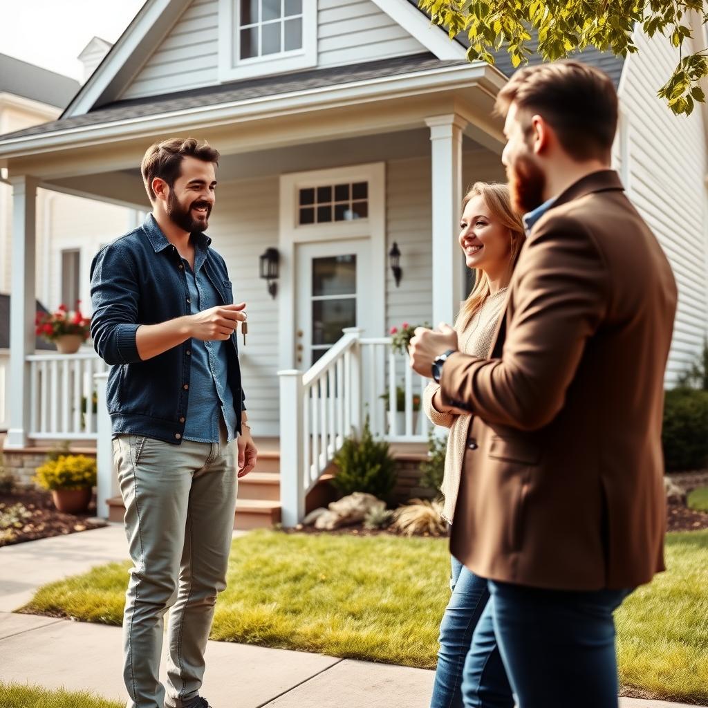 Real estate agent showing a couple a suburban home with a welcoming porch.