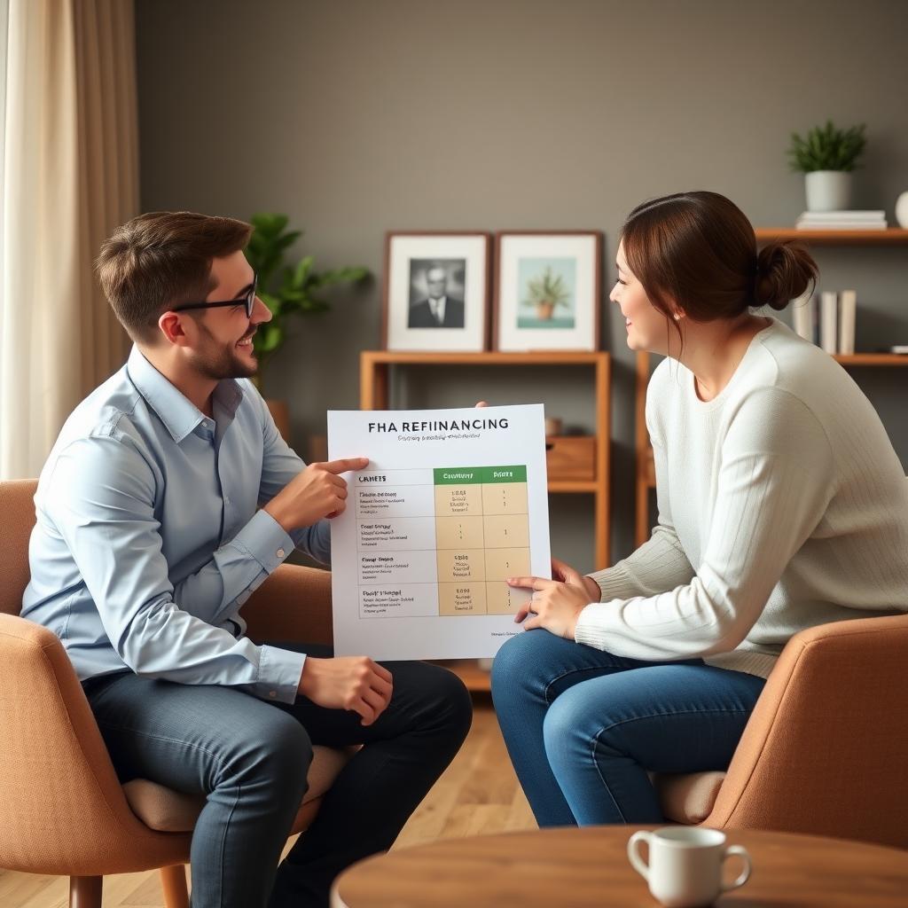Advisor explaining FHA refinancing to couple