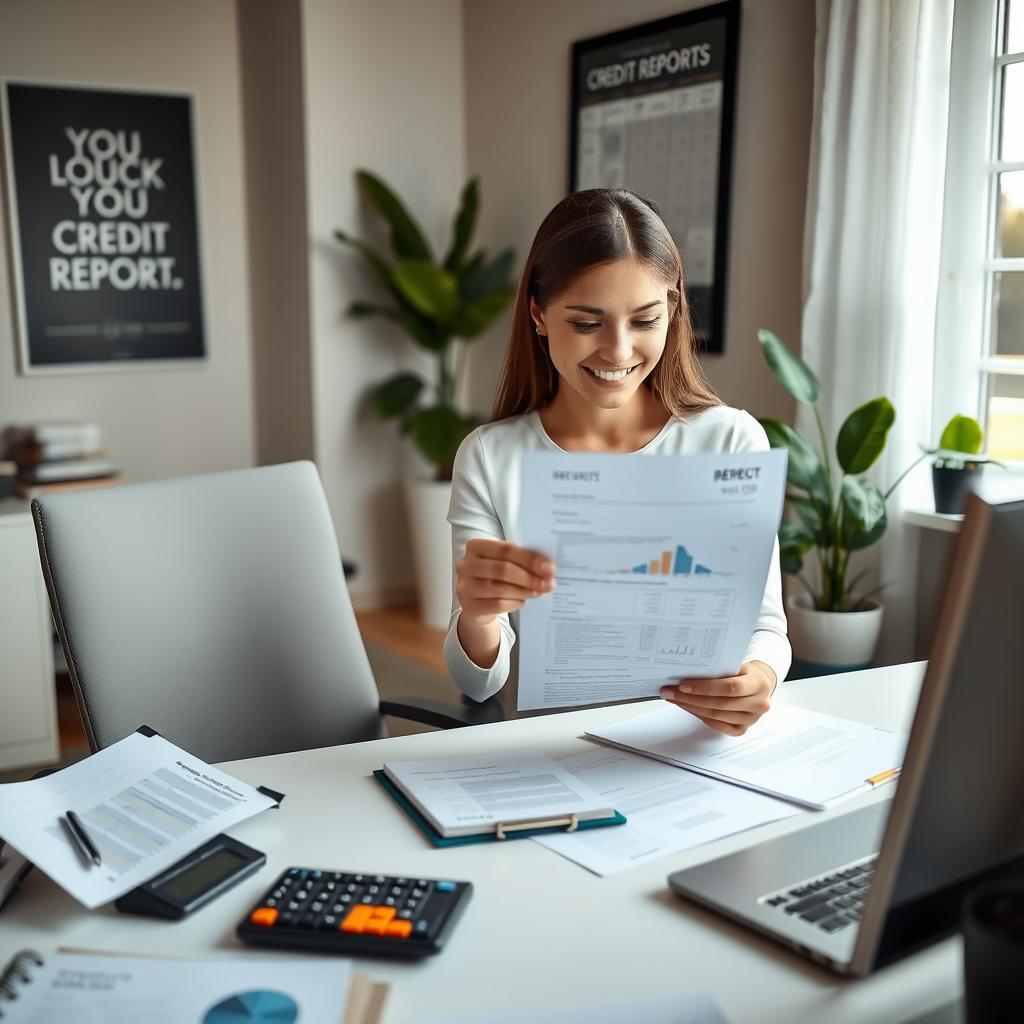 Woman reviewing credit report in a home office
