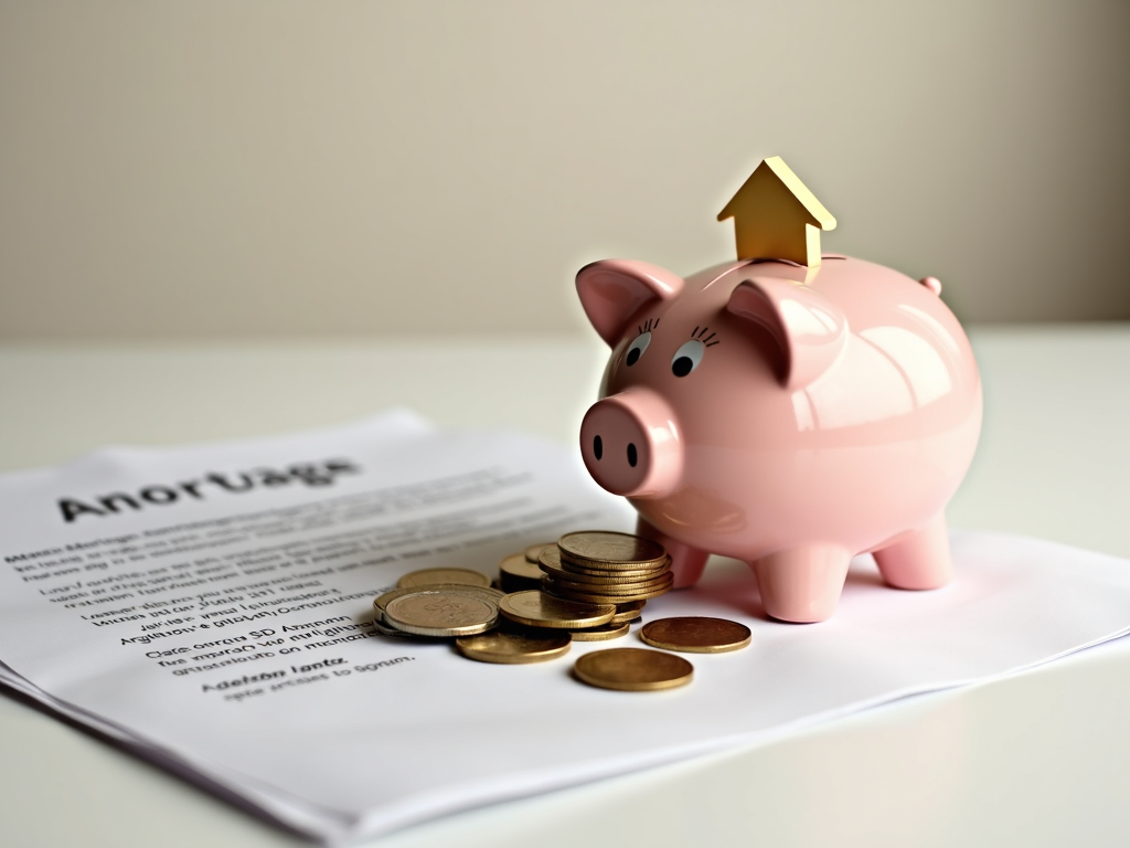 House-shaped piggy bank with mortgage letter