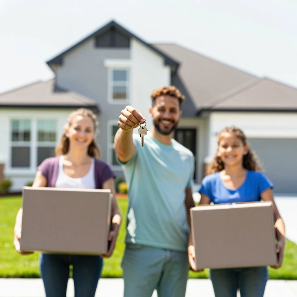 Happy family moving into their new home