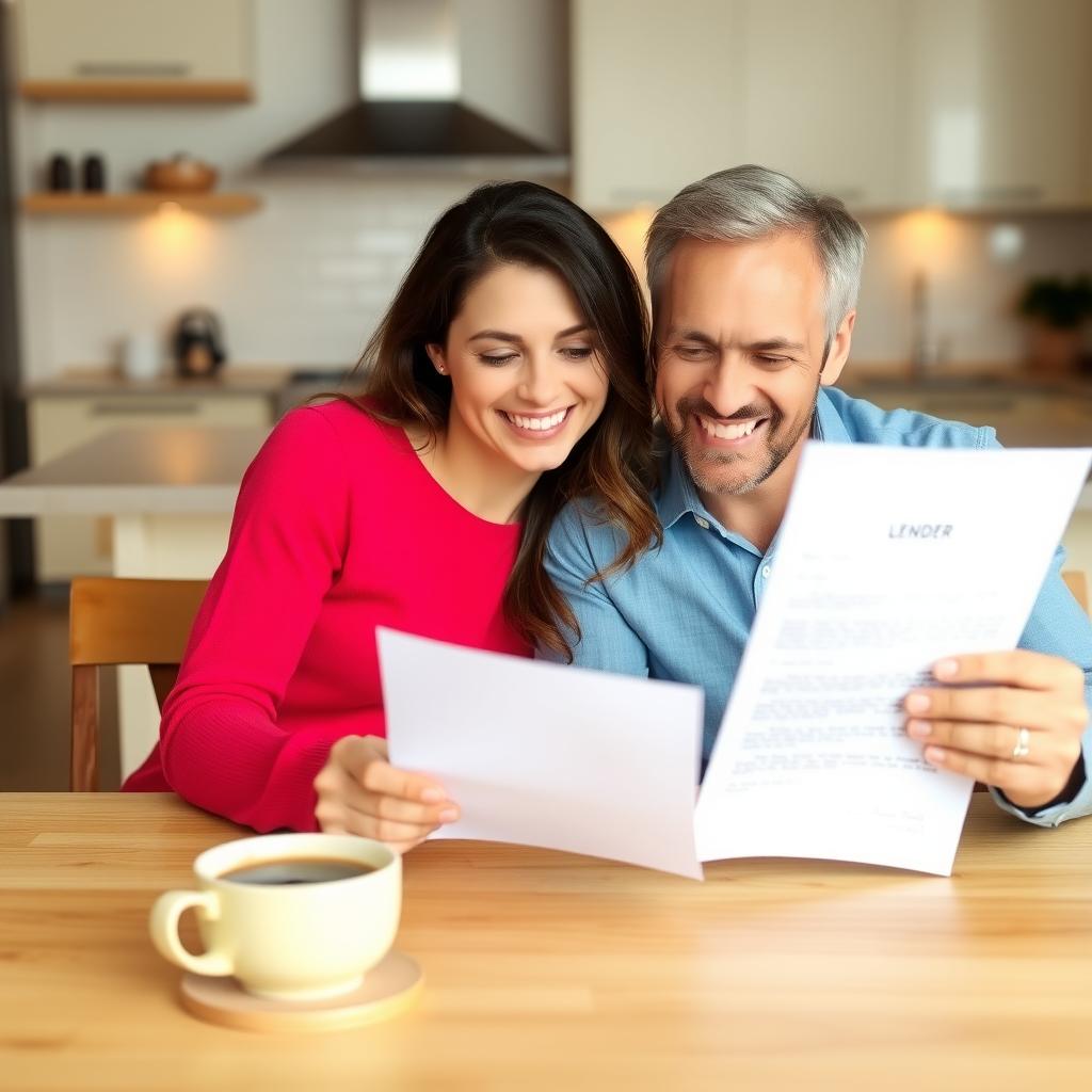 Couple reviewing FHA mortgage pre-approval letter in a modern kitchen.