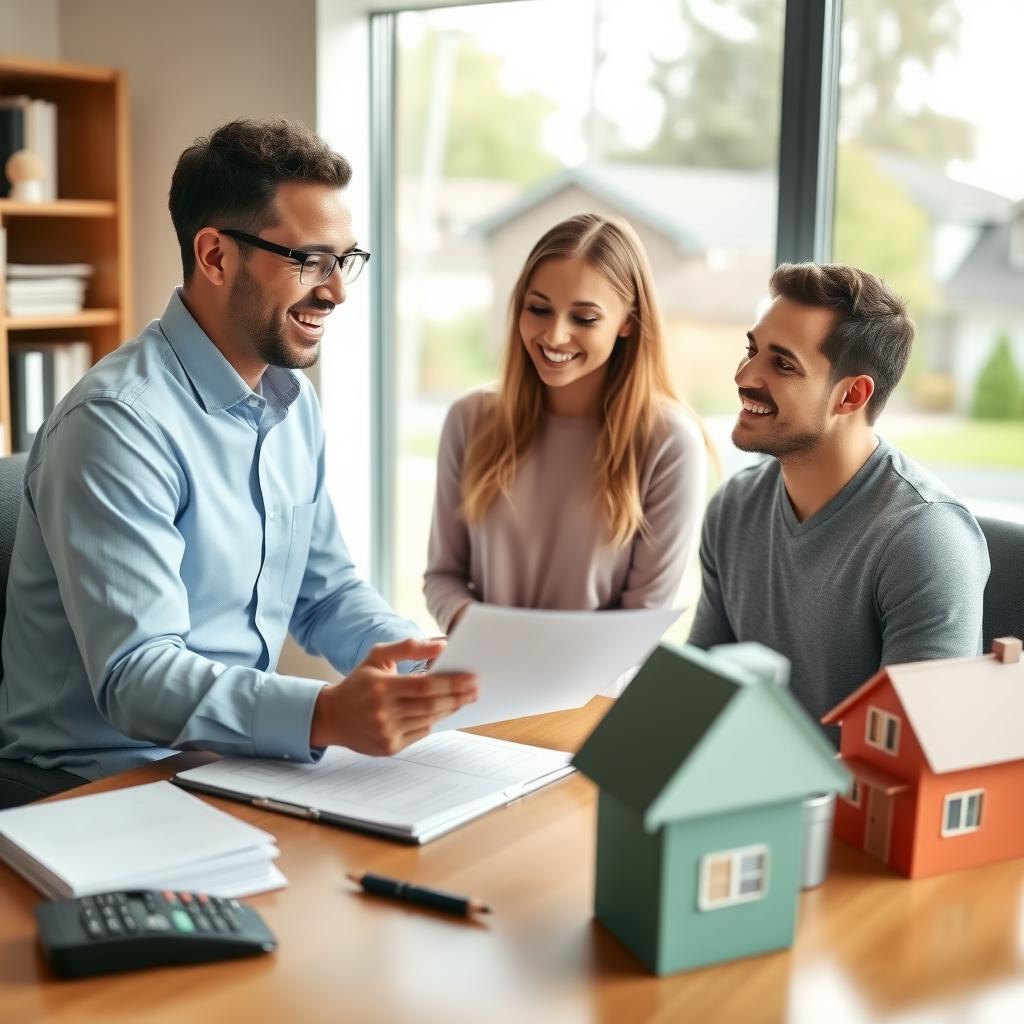 Loan officer discussing FHA loan with a couple in an office
