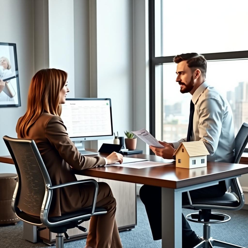 Loan officer explaining FHA loan documents to a client in an office
