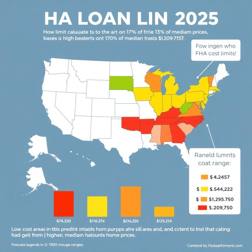 U.S. map infographic displaying 2025 FHA loan limits by county, color-coded by low, mid, and high-cost areas.
