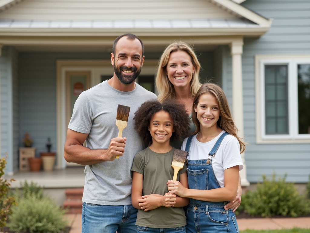A happy family in front of their renovated home.