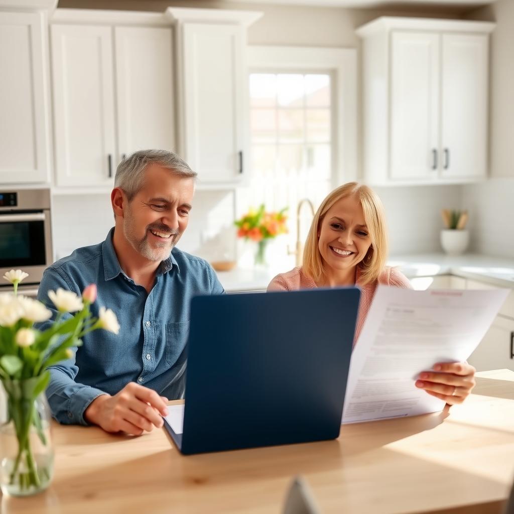 Couple happily reviewing FHA Streamline Refinance documents with a lender in a modern kitchen.