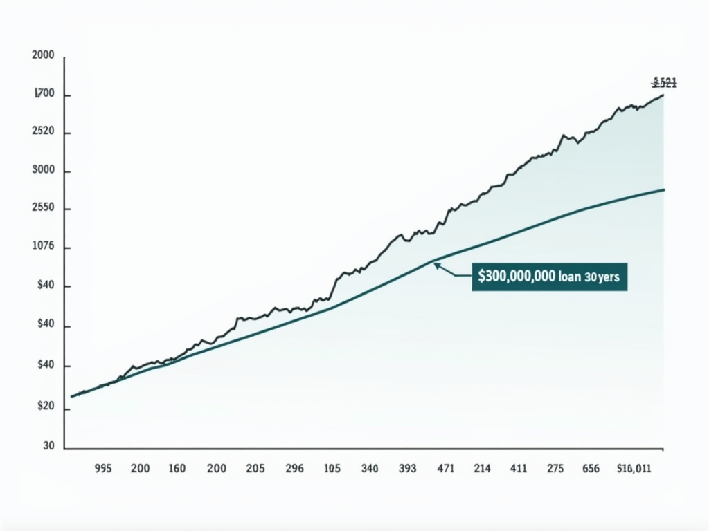 Graph comparing total interest paid on a $200,000 loan at 3% vs. 5% interest over 30 years.