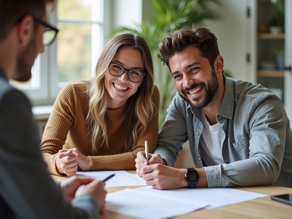 Young couple happily signing FHA loan documents with a lender.