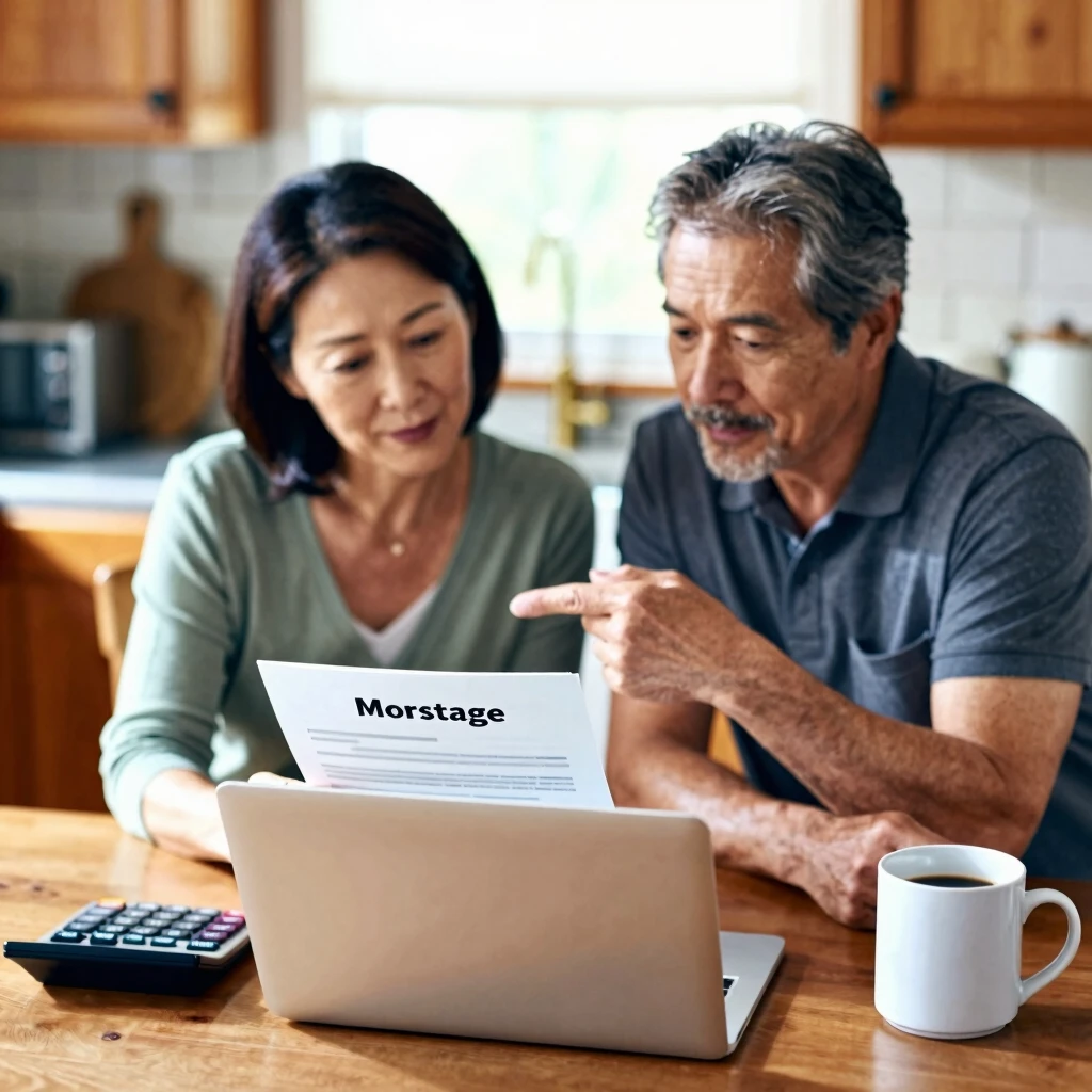 Couple calculating mortgage refinance options at home