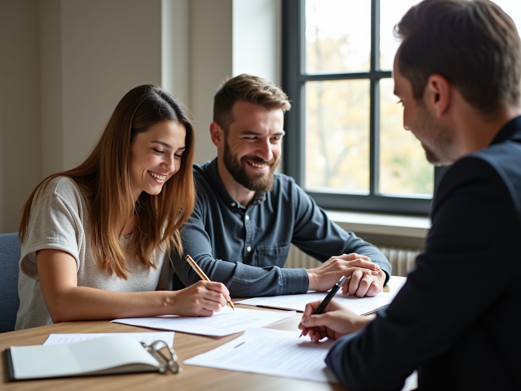 A couple finalizing their home purchase agreement.