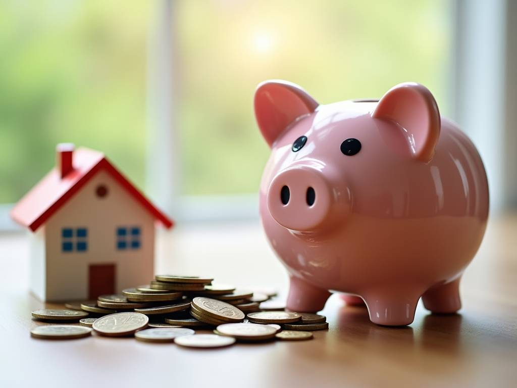 Piggy bank and model house representing saving for a down payment